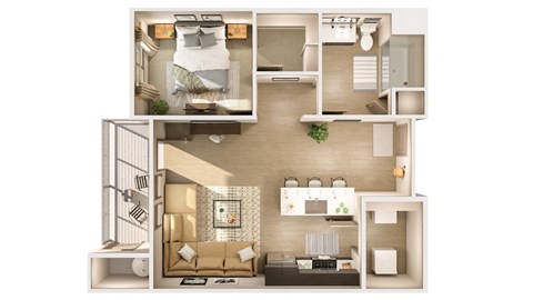 3D floor plan of the living room of this apartment has a bedroom and a balcony at Cuvee, Arizona